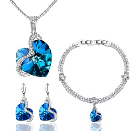 Menton Ezil Loving Heart Women Tennis Jewelry Set Bracelet Necklace and Earrings Sets Crystal Jewelry Set For Wife Girlfriend Or Mothers Idea Gift For Special Women in Life (Sea Blue)