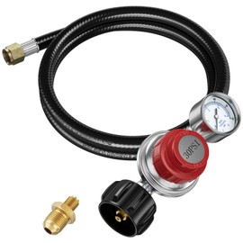 Rushare 0-30 PSI Adjustable Propane Regulator with Gauge, 5 FT High Pressure Propane Regulator, for Gas Burners, Turkey Fryers, Heaters, Fire Pits, Comes with A 3/8" M Flare x 1/8" M NPT Adapter