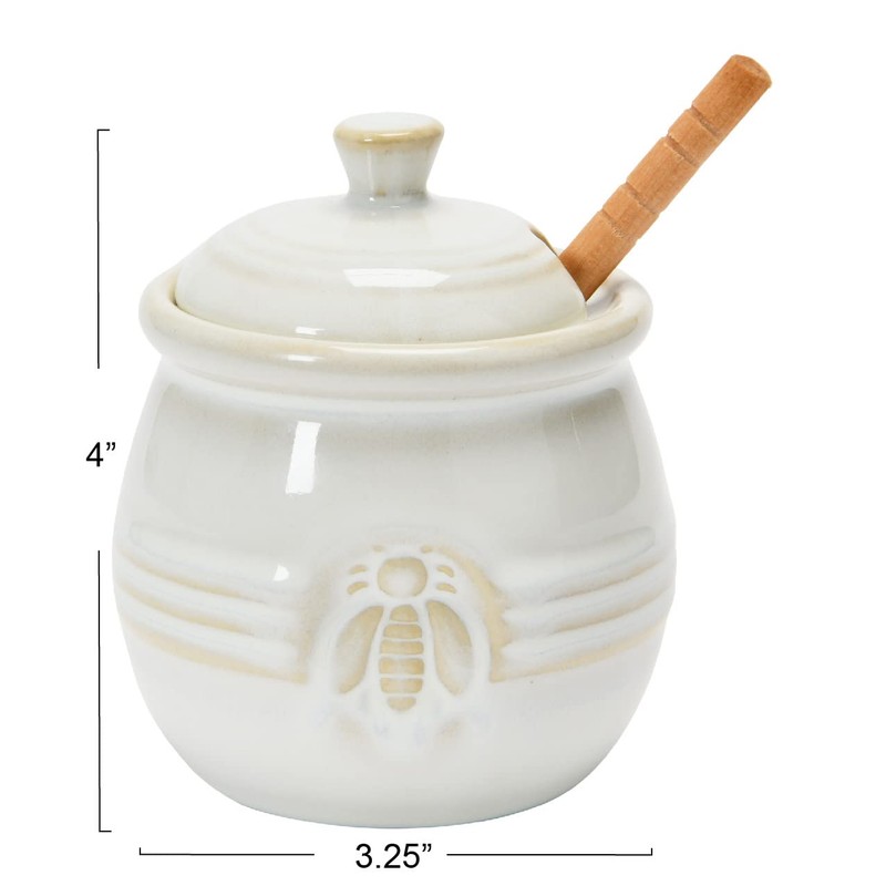 Creative Co-Op Farmhouse Embossed Stoneware Honey Pot with Wood Honey