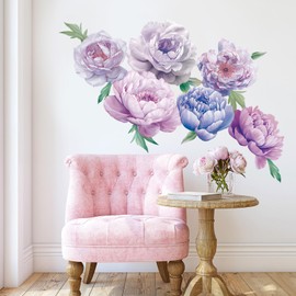 SHUCHING Large Purple Peony Wall Sticker Peel and Stick, Vinyl Flower Wall Decal, Realistic Floral Wall Decor Art Home Decoration for Living Room Bedroom
