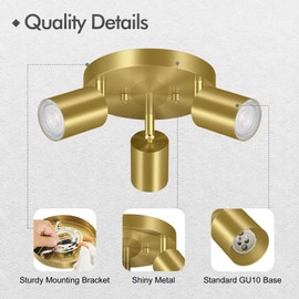 3 Light Track Lighting Fixtures Ceiling, Gold Round Directional Ceiling Spotlight, GU10 Flush Mount Track Fixture, Adjustable Modern LED Ceiling Lights for Kitchen/Living Room, Bulb Not Included