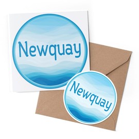 1 x Greeting Card & 10 cm Round Sticker Set - Newquay Waves Calligraphy Word - Birthday Thank You Friend Lover Fan Mum Dad Kids #60074