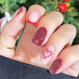 24 Pcs Medium Square Dark Red Love Heart Acrylic False Nails Candy Cane Stick on Nails Valentines Press on Nails Glossy Silver Glitter Fake Nails Romantic Valentines Gel Glue on Nails for Women Girls