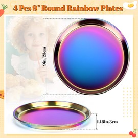 SiliFine 4 Pcs 9 Inch Stainless Steel Plate for Kids Metal Toddler Dinner Plates Colorful Reusable Non Toxic Dishes for Baby Camping Party Serving, Dishwasher Safe (Rainbow)