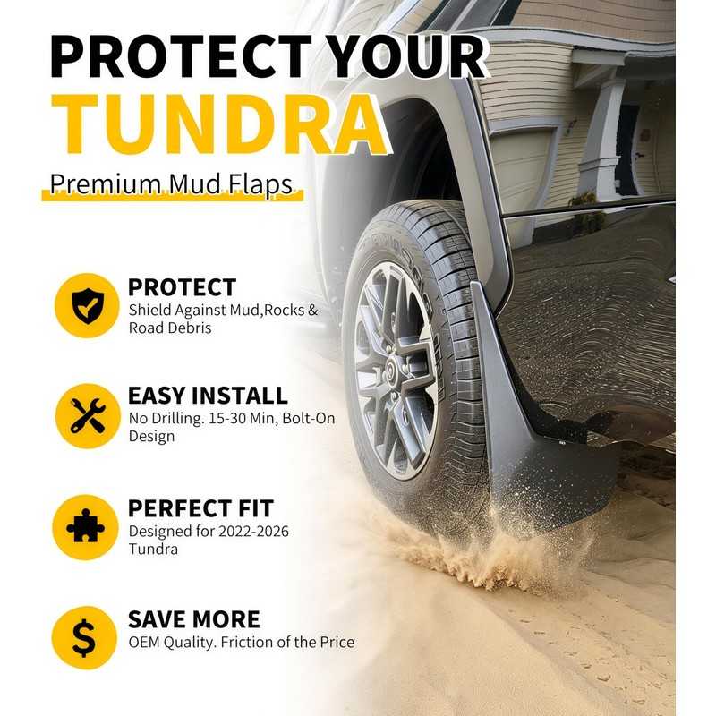 No Drill Mud Flaps for 2022-2026 Toyota Tundra Splash Guards,