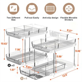 Delamu 2-Tier Multi-Purpose Bathroom Under Sink Organizers and Storage, Stackable Kitchen Pantry Organization, Pull Out Medicine Cabinet Organizer with Movable Dividers, Grey, 4 Pack