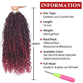 Xtrend 8packs Boho Faux Locs Crochet Hair Pre-Looped Messy River Bohemian Goddess Locs Hair Wavy Crochet Braids With Curly Hair In Middle And Ends 14Strands/pack (TBUG# 14Inch)