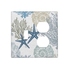 Teal Blue Ocean Nautical Beach Coral Coastal Starfish Light Switch Cover 2 Gang Combination Wall Plate 1 Toggle 1 Receptacle Duplex Switch Plate Underwater Seashell Conch Combo Device Outlet Cover