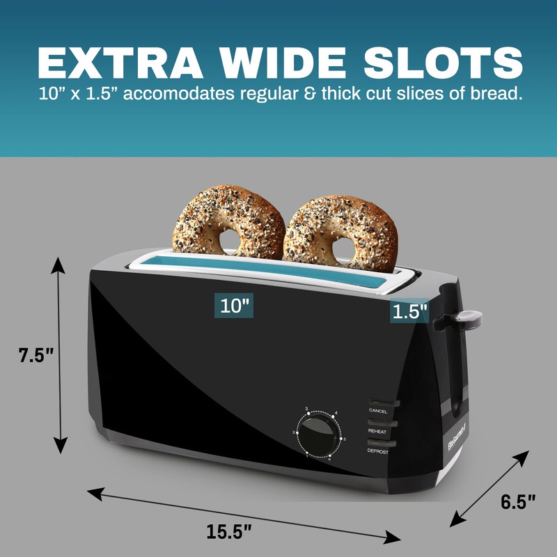 Elite Gourmet ECT4829B# Long Slot 4 Slice Toaster, Reheat 6