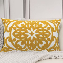 Alysheer Embroidered Lumbar Decorative Throw Pillow Cover 12"x 20", Classic Boho Mandala Embroidery Pattern Cotton Rectangular Cushion Case for Sofa Couch Living Room Bedroom(Mustard Yellow)
