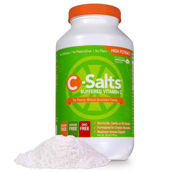 C-Salts Buffered Vitamin C - High Potency Dose Ascorbate Powder Supplement, 4000mg Immune Support Drink Plus Electrolytes Calcium Magnesium Zinc, Corn Free Non-GMO Organic No Sugar or Sodium 26oz