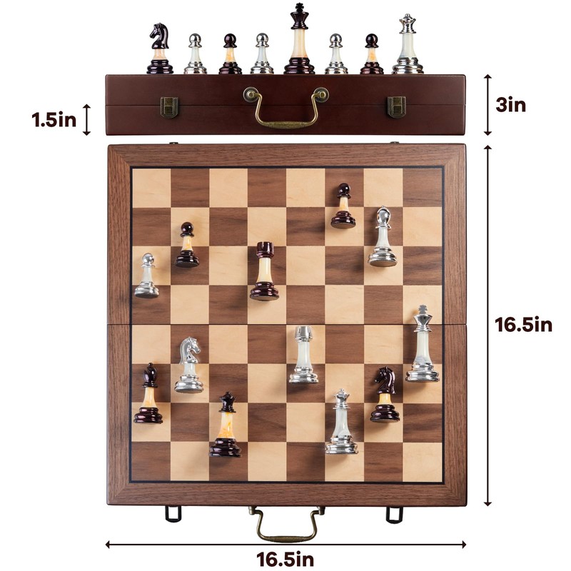 Deluxe Chess Set 16.5'' Wooden Large Folding Chess Board Game