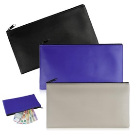 Bank Bag, Pack of 3 Money Bags, Bank Bag, 28 x 15.5 cm Leather Bank Folder with Zip for Household, Business, School (Black, Blue, Grey)