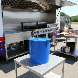 8 Gallon Carbon Steel Fryer Grease Bucket Rust Proof Coating Oil Transport Container With Lid Lock Clips BlueMaterial: Carbon Steel, Capacity: 8 Gallons
