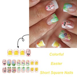 Easter Day Press on Nails Short Cute Rabbit Fake Nails Glossy Finish French Tip Spring Glue on Nails Easter Egg Acrylic False Nails Green Grass Glue on Nails Square Stick on Nails for Women 24Pcs