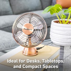 HOLMES 4" Mini Heritage Desk Fan, USB-Powered, Single Speed, 4 Blades, Adjustable 100° Head Tilt, Metal Construction, Ideal for Home, Dorm Rooms, Bedrooms, Office or Travel, Vintage Brushed Copper