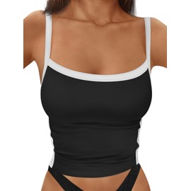 Trendy Queen Women's Double Lined Tank Tops Spaghetti Strap Square Neck Camisole Sleeveless Racerback Cropped Summer Clothes Black M