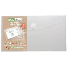 eco-eco DL 95% Recycled Clear Press Stud Popper Wallet, Plastic Folders (Pack of 5), eco156
