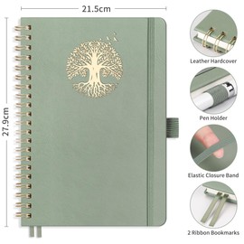 RETTACY Bullet Dotted Journal - A4 Notebook Hardcover Leather Journal,Dot Grid Notebook 110 Pages for Writing,Hardcover Leather Sketch Book, with Bookmark,Journal Stencils, Inner Pocket - LightGreen