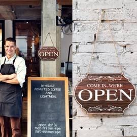 Open and Closed Business Signs Sided Wooden Open Signs with Rope for Coffee Bar Shop Door Window, 11.8 x 7.8 Inch (Brown Board, White Words)