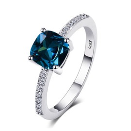 Metmejiao 14k White Gold Plated Cushion Cut Birthstone Gemstones 925 Sterling Silver Stackable Solitaire Ring Blue Topaz Created Sapphire Ring for Womenn Size 6