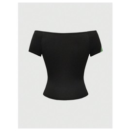 SOLY HUX Women's Goth T Shirts Emo Off The Shoulder Y2K Grunge Graphic Tees Short Sleeve Tight Fitted Crop Tops Black Graphic Small