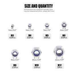 Glarks 175pcs Metric 304 Stainless Steel Nylon Lock Nut Assortment Kit - M3 M4 M5 M6 M8 M10 M12