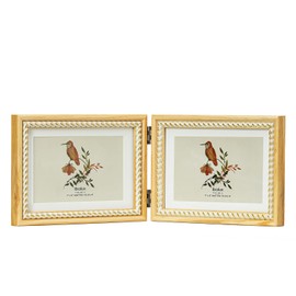 ibalux 5x7 Double Horizontal Hinged Picture Frame, Gold Brushing Rope Accent, Nature Pine Wood Grain with Real Glass, Matted to 4x6, Table Desktop Display Photo Frame