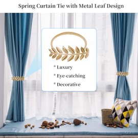 2 Pcs Curtain Tiebacks, Decorative Modern Style Curtain Ties for Drapes with Metal Leaf Design, Adjustable Length Spring Curtain Ties for Indoor and Outdoor (Gold)