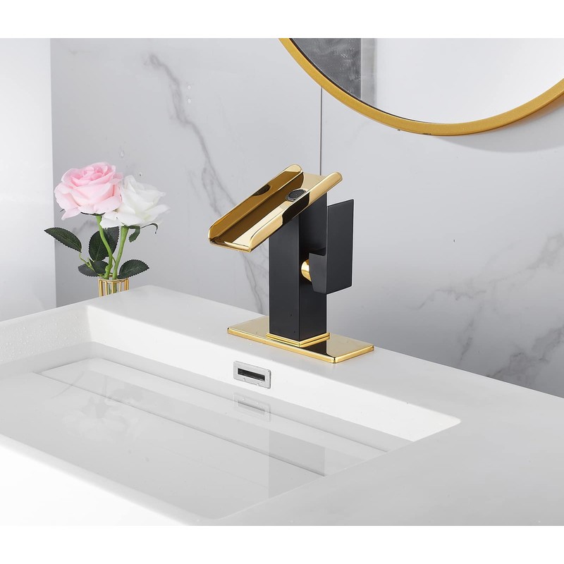 One Hole Bathroom Faucets LED Waterfall Spout Black and Gold