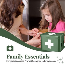 Flexzion Medicine Box, Home Pharmacy Box, 33 x 21 x 19 cm, Metal Medication Storage for Emergency, First Aid Cabinet, with Side Handles, Removable Tray & 5 Compartments, Green