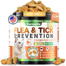Flea and Tick Prevention for Cats, 500 Crunchy & Creamy Chews, Cat Flea Chewables with Natural Oral Flea Treatment Supplement Cats, Skin & Coat Support - All Breeds & Ages - Chicken and Krill Flavor