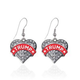 Inspired Silver - Trump Supporter Silver Dangle Earrings for Women - Pave Heart Charm Earrings French Hook Drop with Cubic Zirconia - Women's Dangly Earrings Jewelry Gift with Velvet Pouch