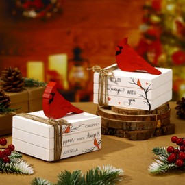 Soaoo Set of 2 Cardinal Wooden Book Stack Red Bird Christmas Tiered Tray Decor Red Sympathy Gift Remembrance Gift for Loss Farmhouse Wooden Faux Books for Christmas Home Kitchen Shelf Tabletop
