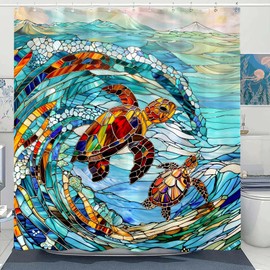 Kanuyee Turtle Shower Curtain Stained Glass Shower Curtain Blue Shower Curtains for Bathroom Wave Shower Curtain Set with 12 Hooks SeaTurtles-02 72×72 Inches