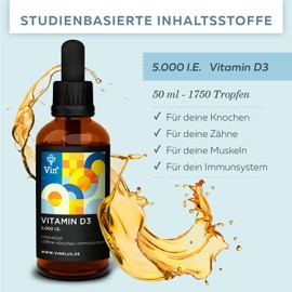 Vinplus Vitamin D3 5000 IU Drops - Depot, Liquid, High Dose - For Teeth, Bones & Immune System - 50 ml (1,700 Drops) - 5000 IU per Drop
