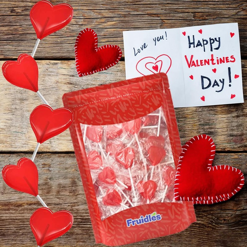 Fruidles Valentine's Heart Lollipops Candy, Red Heart Shaped Hard Candy