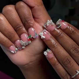 Viugex 24 Stück kurze quadratische künstliche Nägel, rosa French Press on Nails mit 3D-Schleife, Kirsche Strasssteine, Acryl, vollständige Abdeckung, künstliche Nägel, natürlich, wiederverwendbar, zum