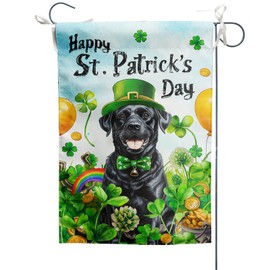 St Patricks Day Garden Flag 12x18 Inch Cute Black Labrador Dog Lucky Shamrocks Coins Hat Holiday Decorative Vertical Lawn Flag Double Sided Mailbox Flags for Home Front Yard Decor