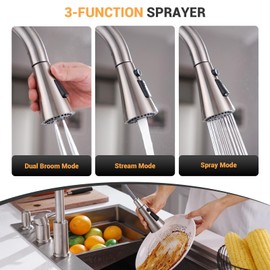 DAYONE 3 Holes Kitchen Faucets with Soap Dispenser, 2 Holes Brushed Nickel Kitchen Sink Faucet with Pull Down Sprayer, Side Single Handle High Arc 3 Pieces, DAY-CR277