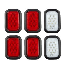 Partswcgg 6Pcs 5"x3" Rectangle LED Stop/Turn/Tail/Brake & Backup Reverse Truck Trailer Tail Hitch Lights 12 LED w/Grommets & 3 Wire Pigtail Plug Kit Waterproof (4xRed+2xWhite)