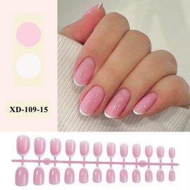 Pink Press on Nails French Tip - Short Almond Press on Nails - 24Pcs Pink False Nails Almond Glossy Cute - Full Cover French Tip False Nails - Stick on nails for Women