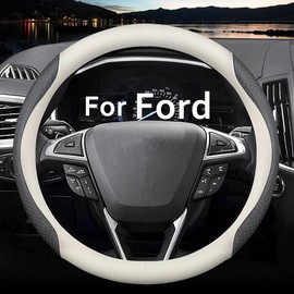 HAOTULE Nappa Leather Slim and Stylish Steering Wheel Cover, for Ford Steering Wheel Cover Accessories Interior Modification, (White and Black)