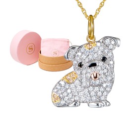 SCAMPER & CO English Bulldog Pendant Necklace for Women and Girls - Genuine Gemstone and Cubic Zirconia Puppy Charm with Elegant Backplate, Premium Plated Sterling Silver Chain Easy Closure,18 inch