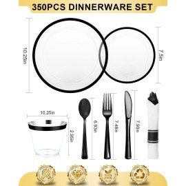 BESTVIP 350PCS Disposable Plates Set,Clear and Black Dinnerware Sets Suitable for 50 ...