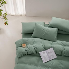 Quilt Cover Set 1200TC 100% Washed Microfiber Solid Plain Color - Soft and Breathable with Zipper Closure & Corner Ties (Sage Green, Double)