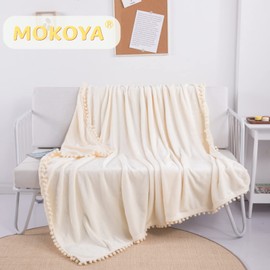Mokoya Blanket Blanket 51.2 x 63.0 inches (130 x 160 cm), For Summer, Fashionable Pom Pom Included, Fluffy, Soft, Multi-Purpose, Large Size, Lightweight, Washable, Cooling Countermeasures, All Year Round Use (White)
