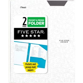 Five Star 2-Pocket Folder, Plastic Folder with Stay-Put Tabs and Prong Fasteners, Holds 8-1/2" x 11" Paper, White (72494)