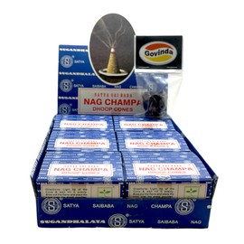 Govinda Incense Cone Holder Bundle with Satya Bangalore (BNG) Nag Champa Incense Cones- 12 Boxes x 12 Cones