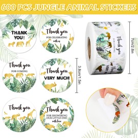 Whaline 600Pcs Jungle Safari Thank You Stickers Forest Animals Green Gold Baby Shower Thank You Sticker Wild Animals Greenery Adhesive Label Sticker for Baby Shower Birthday Party Favor, 6 Design
